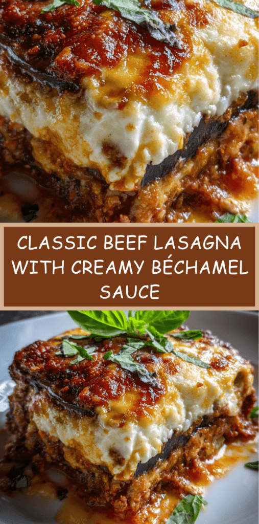 Classic beef lasagna with thick meat sauce, creamy béchamel layers, and golden melted cheese on top, sliced into generous portions