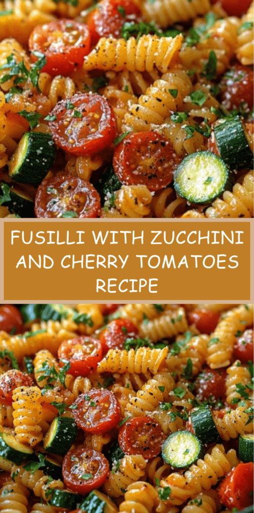 Fusilli pasta tossed with sautéed zucchini, cherry tomatoes, olive oil, garlic, and fresh herbs in a rustic pan