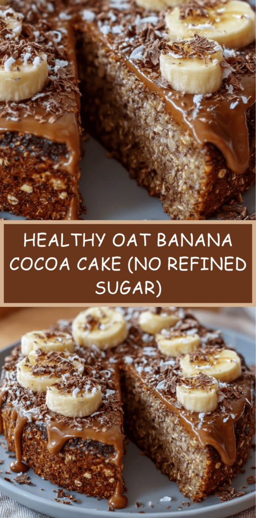 Healthy oat banana cocoa cake topped with sliced banana and dark chocolate shavings, showing a moist chocolate crumb