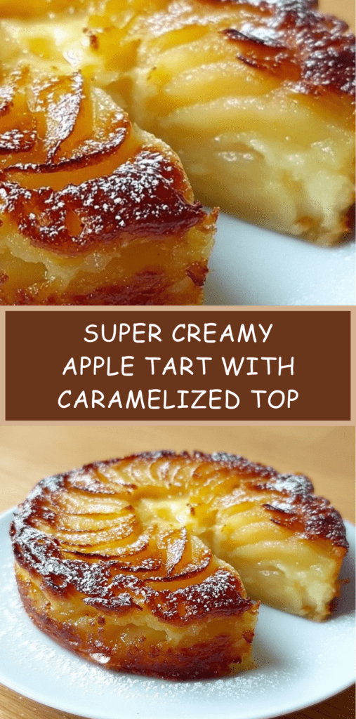Super creamy apple tart with thin apple slices and lightly caramelized golden top dusted with powdered sugar