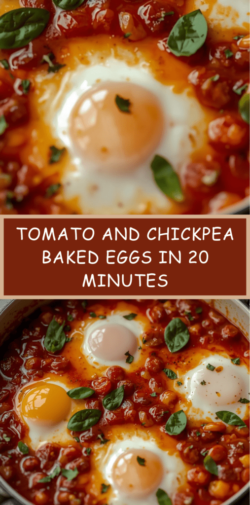 Tomato and chickpea baked eggs cooked in a skillet with paprika, basil, and perfectly set whites with runny yolks