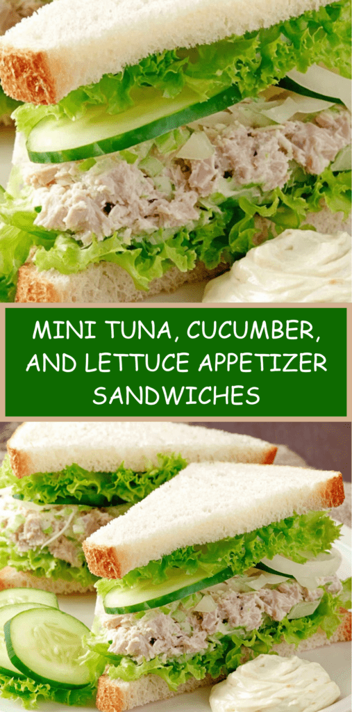 Mini tuna cucumber and lettuce appetizer sandwiches cut into triangles with creamy tuna filling and fresh cucumber slices