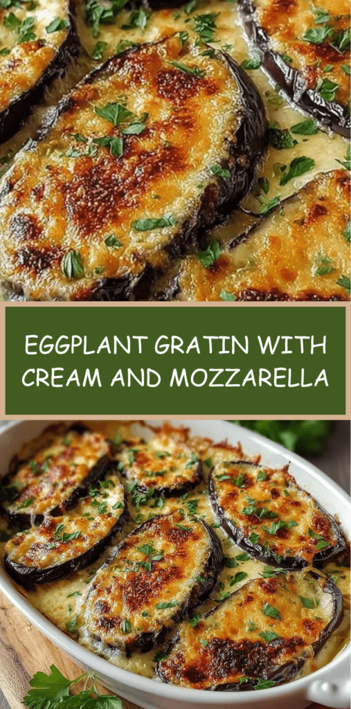 Golden eggplant gratin baked with melted mozzarella and Parmesan, creamy inside and topped with fresh parsley