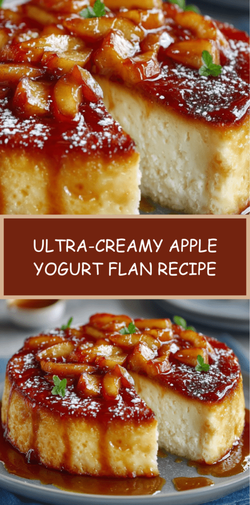 Ultra-creamy apple yogurt flan baked until golden, topped with caramel and served in slices