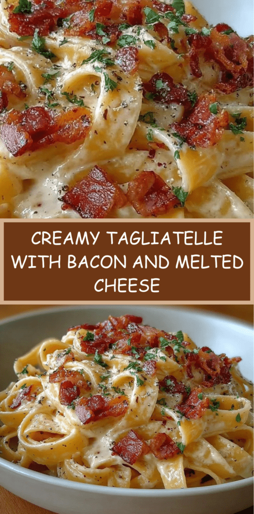 Creamy tagliatelle pasta with crispy bacon and melted cheese sauce, garnished with fresh parsley