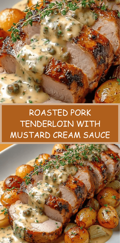 Sliced roasted pork tenderloin topped with creamy old-fashioned mustard sauce served with golden roasted baby potatoes