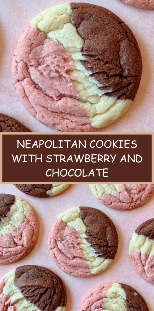 Three-color Neapolitan cookies showing distinct vanilla, strawberry, and chocolate sections baked into one soft, crinkled sugar cookie with a golden edge and vibrant pink center.