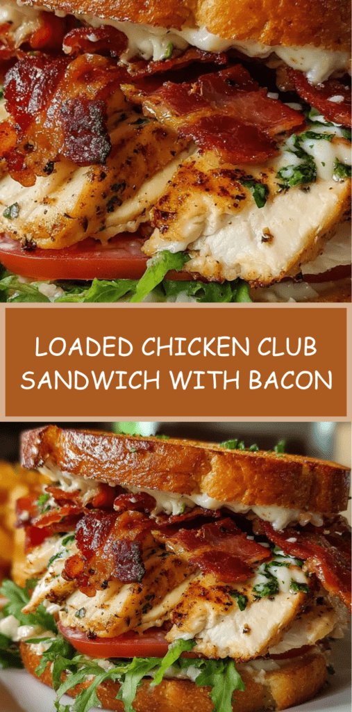 Stacked loaded chicken club sandwich with grilled sliced chicken breast, crispy bacon, tomato slices, fresh greens, and garlic herb mayonnaise on golden toasted sourdough bread.