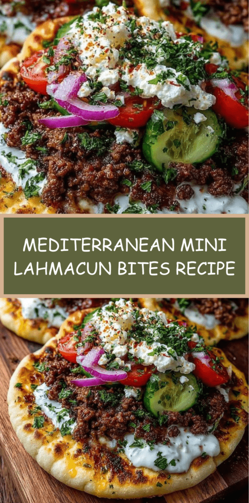 Mini Mediterranean lahmacun bites on crispy flatbread rounds topped with spiced ground beef, cucumber slices, cherry tomatoes, red onion, feta cheese, and garlic yogurt drizzle.