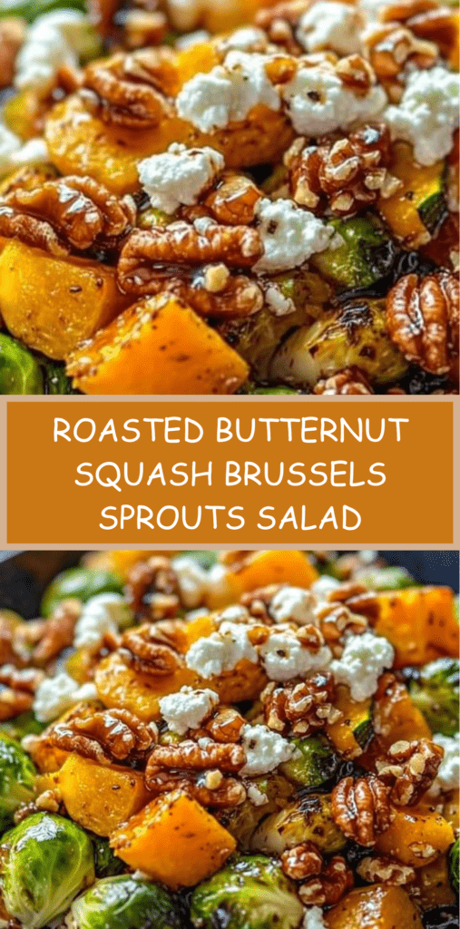 Warm roasted butternut squash and Brussels sprouts salad topped with toasted pecans, crumbled goat cheese, and maple balsamic glaze in a large serving bowl.