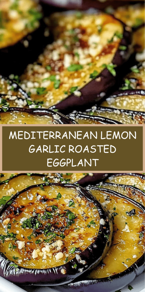 Mediterranean Golden roasted eggplant rounds brushed with lemon garlic olive oil, garnished with fresh parsley and served on a rustic platter.