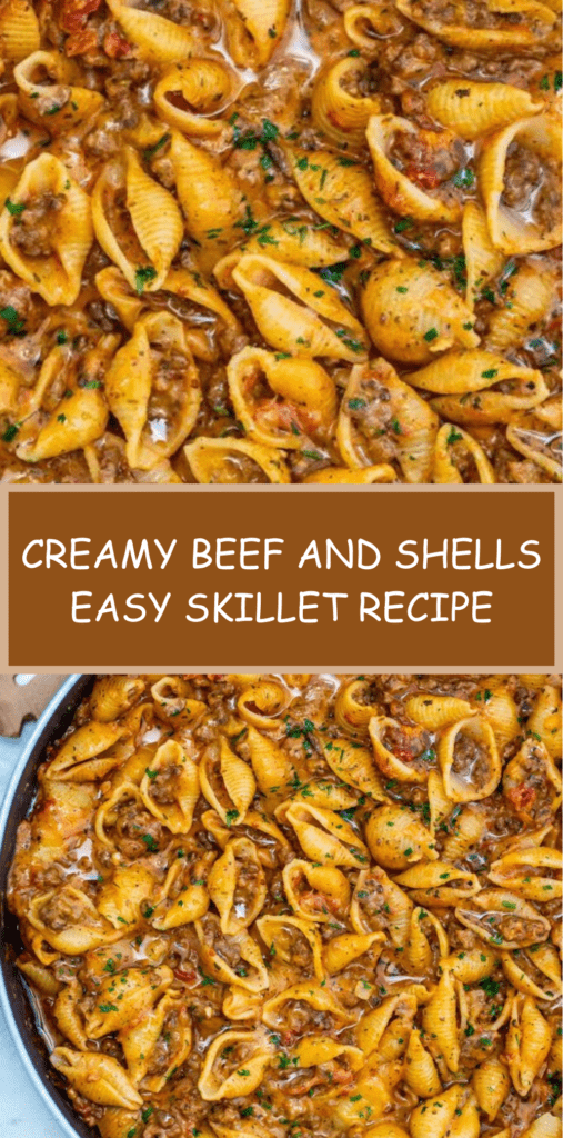 Creamy beef and shells pasta in a skillet with ground beef, tomato cream sauce, melted cheddar cheese, and fresh parsley garnish.
