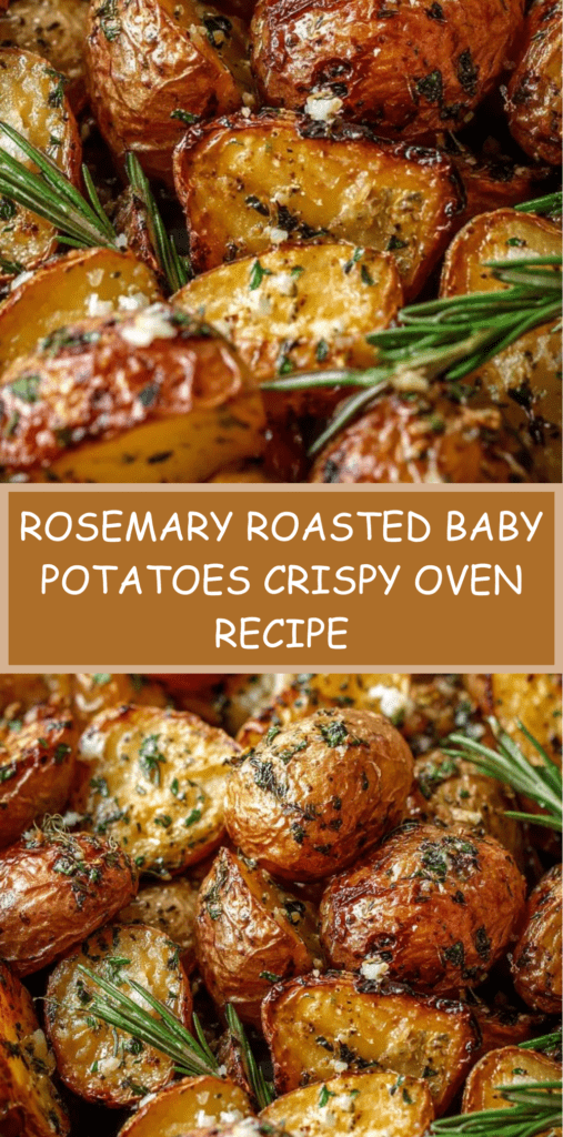Golden rosemary roasted baby potatoes with crispy edges, minced garlic, fresh herbs, and a light sprinkle of Parmesan cheese on a baking tray.