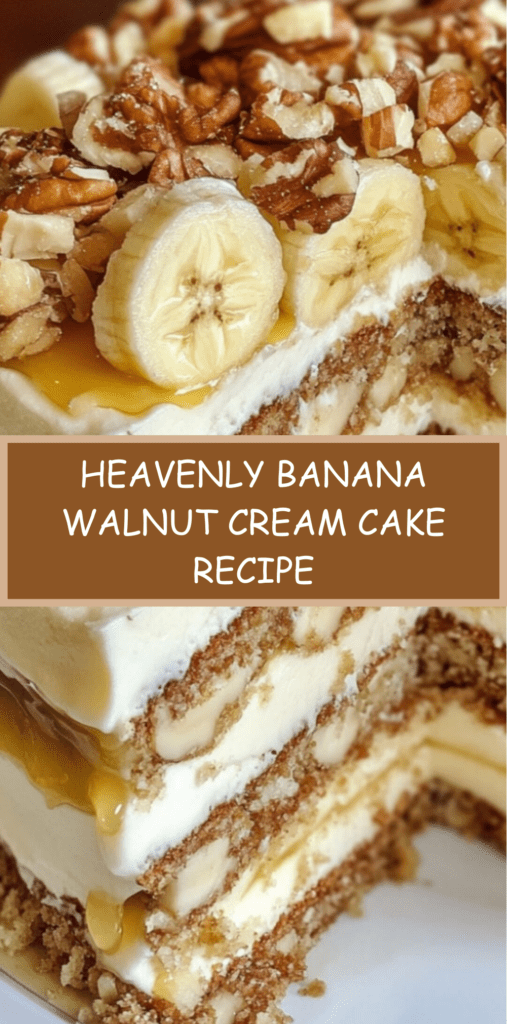 Layered banana walnut cream cake with cream cheese frosting, fresh banana slices, and toasted walnuts on top of a moist sponge.