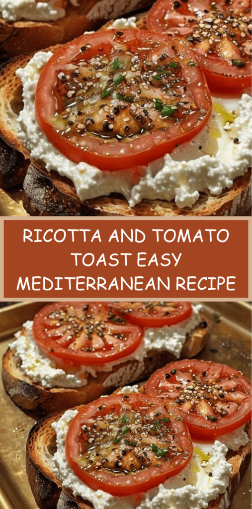 Crispy sourdough toast topped with whipped ricotta cheese, fresh tomato slices, olive oil drizzle, cracked black pepper, and basil leaves. Ricotta and tomato toast.