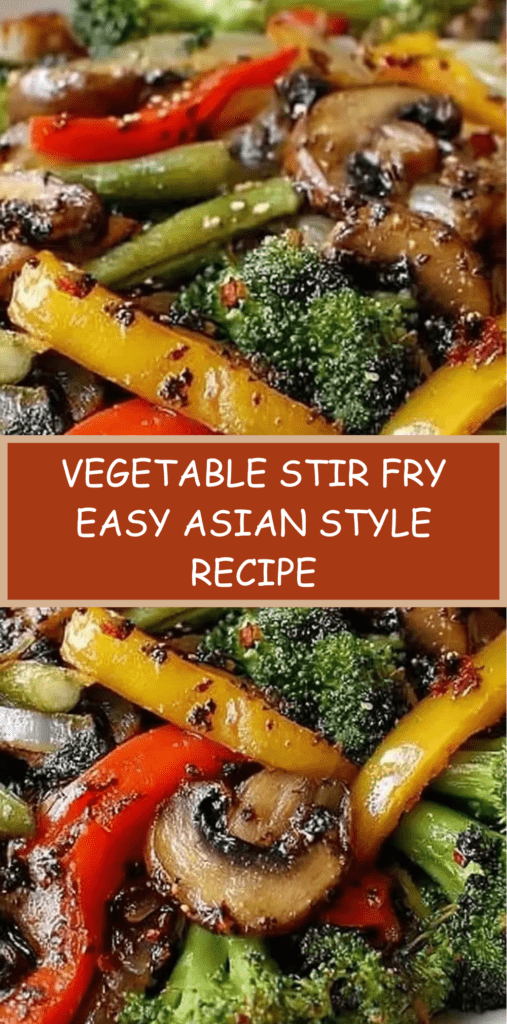 Colorful vegetable stir fry with broccoli florets, sliced mushrooms, red and yellow bell peppers coated in glossy soy sesame sauce in a wok.