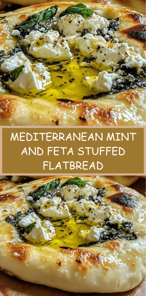 Golden pan-fried stuffed flatbread filled with feta, fresh mint, and spinach, brushed with olive oil and garnished with herbs.
