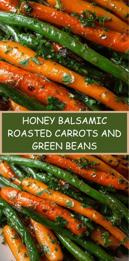 Roasted carrots and green beans glazed with honey balsamic sauce, lightly caramelized and garnished with fresh parsley on a serving platter.