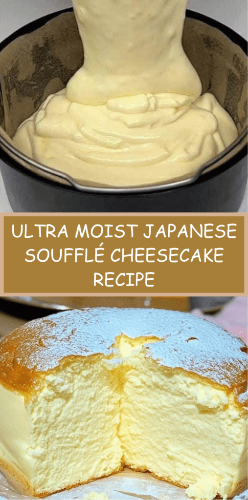 Ultra moist Japanese soufflé cheesecake dusted with icing sugar, tall and airy with a soft golden top and delicate, cloud-like interior texture on a white cake stand.