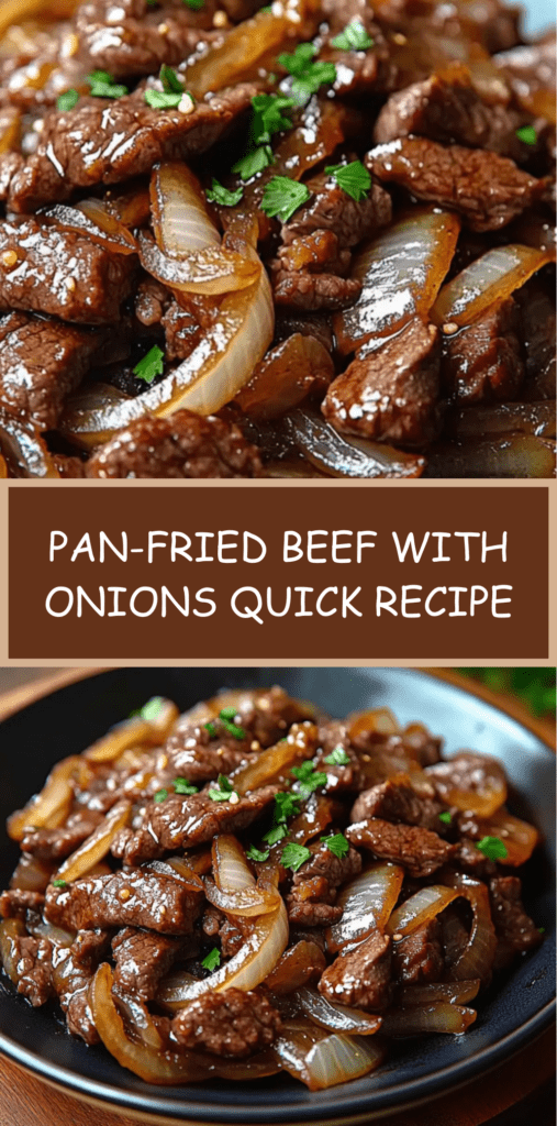 Pan-fried beef strips with caramelized onions in a skillet, coated in a glossy soy-based sauce and garnished with fresh parsley, served hot.