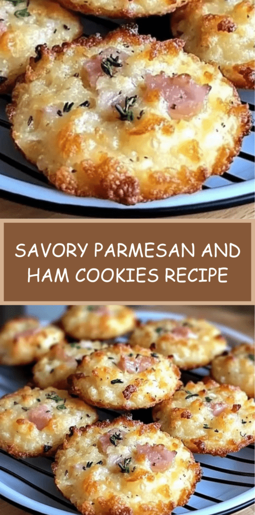 Golden savory Parmesan and ham cookies on a baking tray, crisp edges with a soft cheesy interior, garnished with dried herbs and served warm.