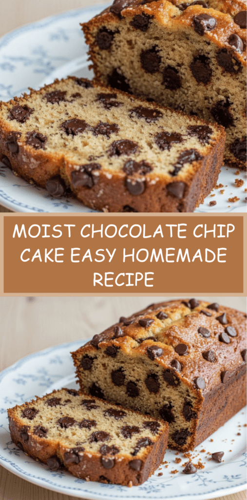 Moist chocolate chip cake sliced on a wooden board, soft golden crumb filled with melted chocolate chips and slightly crisp top surface.