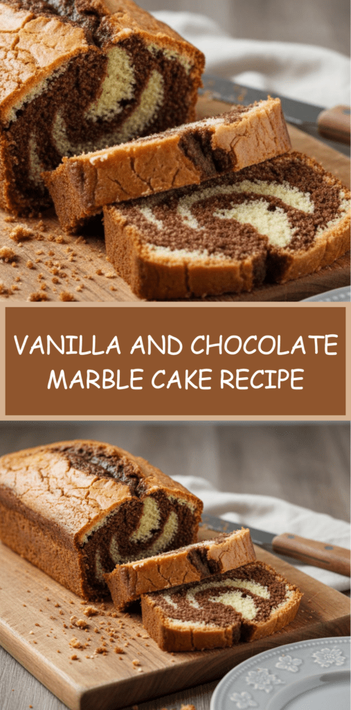 Slice of vanilla and chocolate marble cake showing distinct swirls of light vanilla and dark cocoa batter with soft, moist crumb and golden crust.