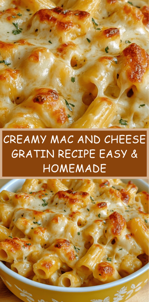 Creamy mac and cheese gratin baked in a ceramic dish with golden melted cheese crust, elbow pasta coated in rich cheese sauce, served hot with fresh parsley garnish