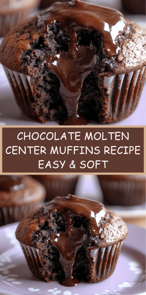 Chocolate muffins with molten center on a plate, soft baked exterior with flowing melted chocolate filling inside, dark chocolate topping and cocoa dust, warm dessert presentation