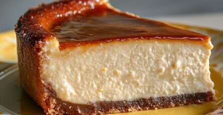 Light caramel skyr cheesecake on a cake stand with smooth creamy texture, biscuit crust base, glossy caramel topping spread evenly on top, elegant dessert presentation