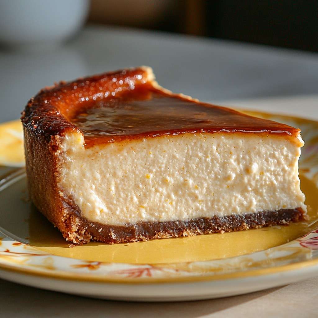 Light caramel skyr cheesecake on a cake stand with smooth creamy texture, biscuit crust base, glossy caramel topping spread evenly on top, elegant dessert presentation