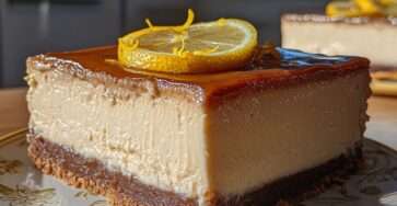 Sugar-free lemon cheesecake on a white plate with almond crust base, creamy smooth texture, topped with fresh lemon slices and zest, light and healthy dessert presentation