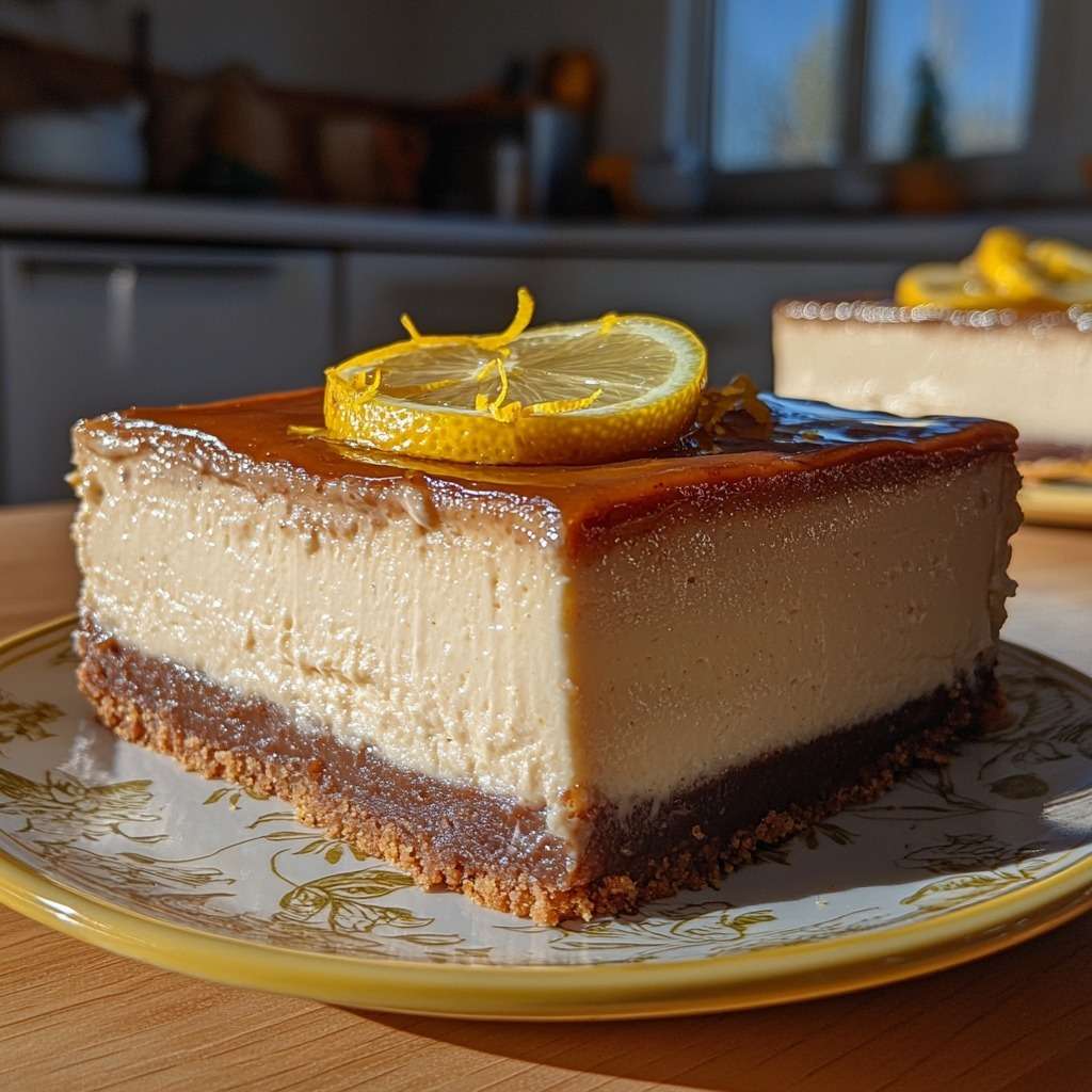 Sugar-free lemon cheesecake on a white plate with almond crust base, creamy smooth texture, topped with fresh lemon slices and zest, light and healthy dessert presentation