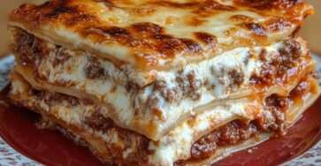 Baked beef lasagna with golden melted mozzarella and parmesan topping, visible layers of pasta sheets, rich tomato meat sauce and creamy béchamel in a ceramic baking dish