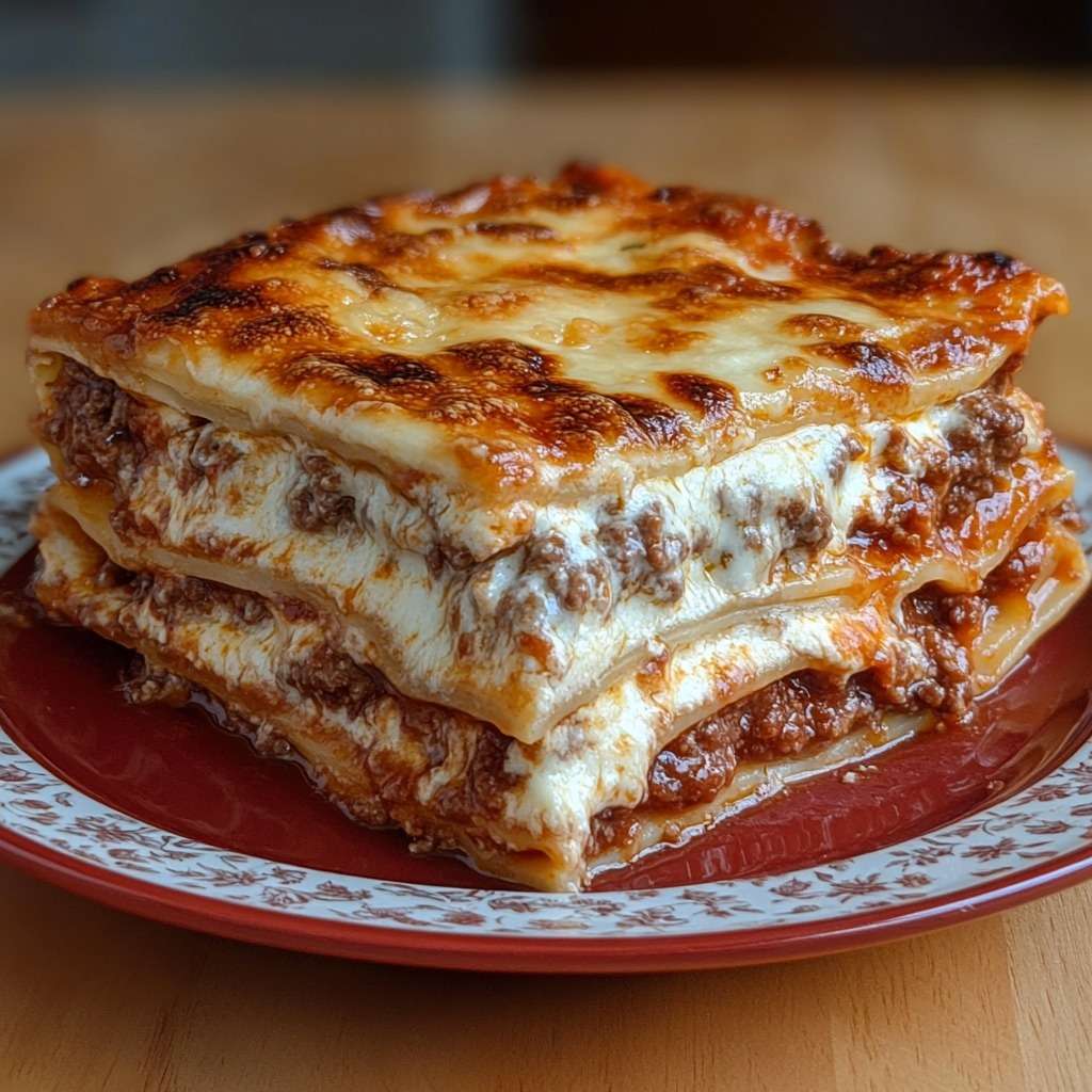 Baked beef lasagna with golden melted mozzarella and parmesan topping, visible layers of pasta sheets, rich tomato meat sauce and creamy béchamel in a ceramic baking dish