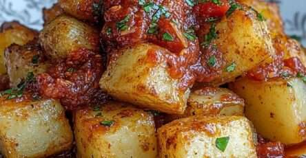 Patatas bravas served on a plate with golden crispy potato cubes topped with spicy tomato brava sauce and fresh parsley, Spanish tapas style presentation