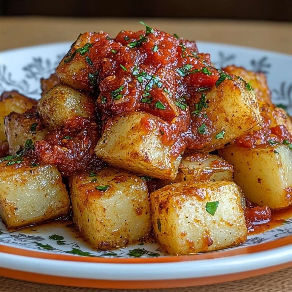 Patatas bravas served on a plate with golden crispy potato cubes topped with spicy tomato brava sauce and fresh parsley, Spanish tapas style presentation