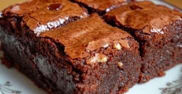 Chocolate brownie with runny center cut into squares, rich dark chocolate texture with gooey molten center flowing from the middle, topped with crushed walnuts on parchment paper