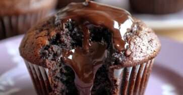 Chocolate muffins with molten center on a plate, soft baked exterior with flowing melted chocolate filling inside, dark chocolate topping and cocoa dust, warm dessert presentation