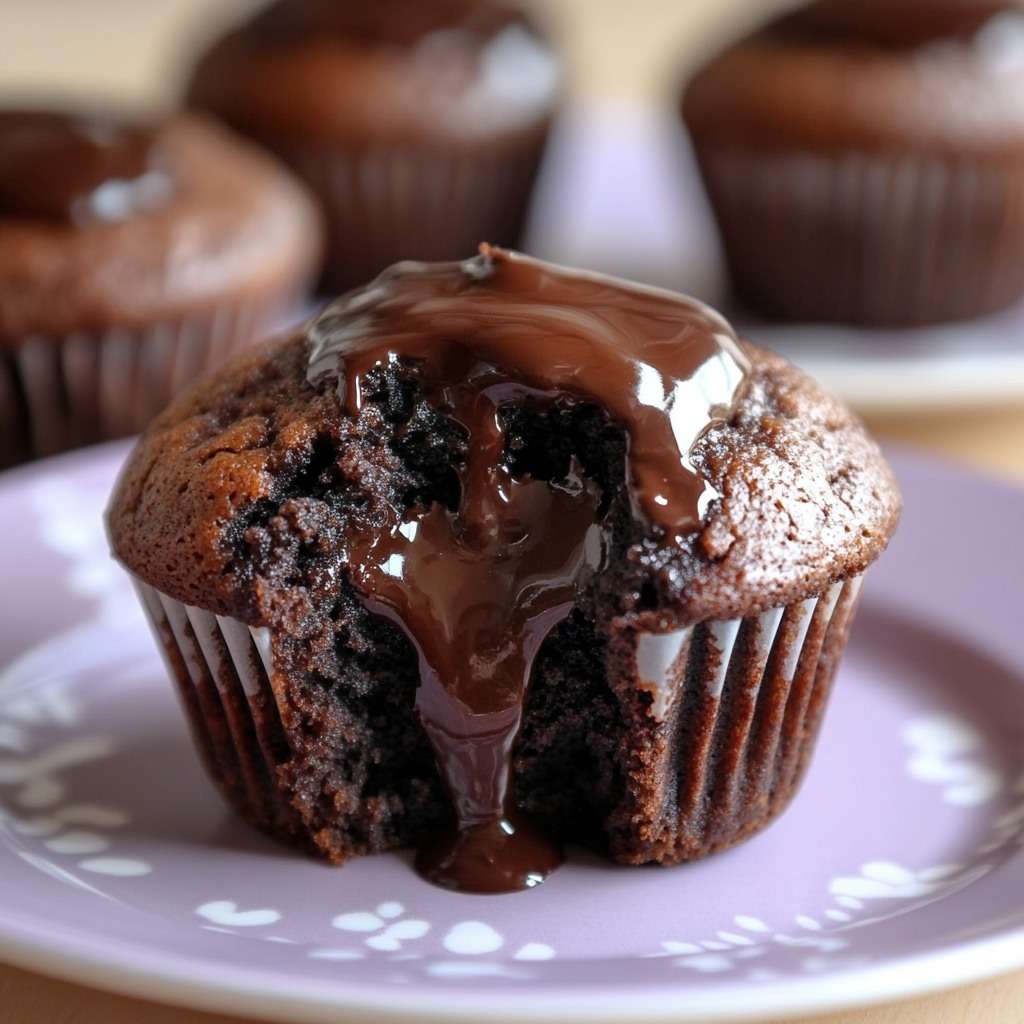 Chocolate muffins with molten center on a plate, soft baked exterior with flowing melted chocolate filling inside, dark chocolate topping and cocoa dust, warm dessert presentation