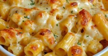 Creamy mac and cheese gratin baked in a ceramic dish with golden melted cheese crust, elbow pasta coated in rich cheese sauce, served hot with fresh parsley garnish