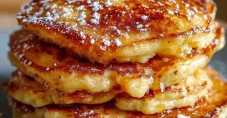 Fluffy raised apple pancakes cooked until golden brown, filled with apple chunks and served warm on a plate with syrup