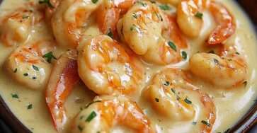 Golden shrimp simmered in creamy garlic and lemon sauce with fresh parsley in a skillet, served hot with a smooth and glossy texture