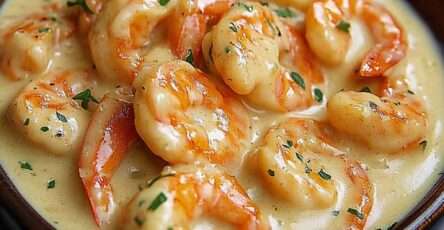 Golden shrimp simmered in creamy garlic and lemon sauce with fresh parsley in a skillet, served hot with a smooth and glossy texture