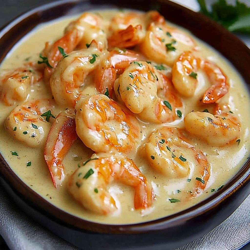 Golden shrimp simmered in creamy garlic and lemon sauce with fresh parsley in a skillet, served hot with a smooth and glossy texture
