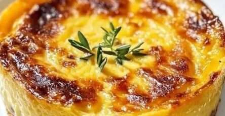 Golden Southern French vegetable flan baked with tomatoes, zucchini, bell pepper, herbs de Provence and melted cheese in a ceramic baking dish