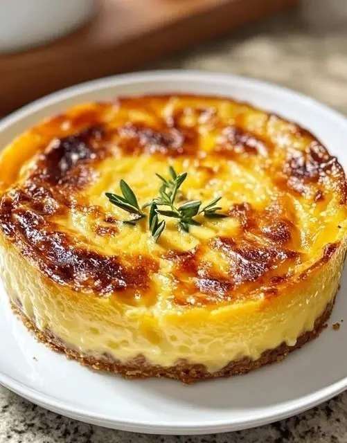 Golden Southern French vegetable flan baked with tomatoes, zucchini, bell pepper, herbs de Provence and melted cheese in a ceramic baking dish