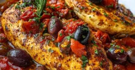 Golden pan-seared Provençal chicken breast simmered with chopped tomatoes, black olives, garlic and herbs de Provence in a rustic skillet
