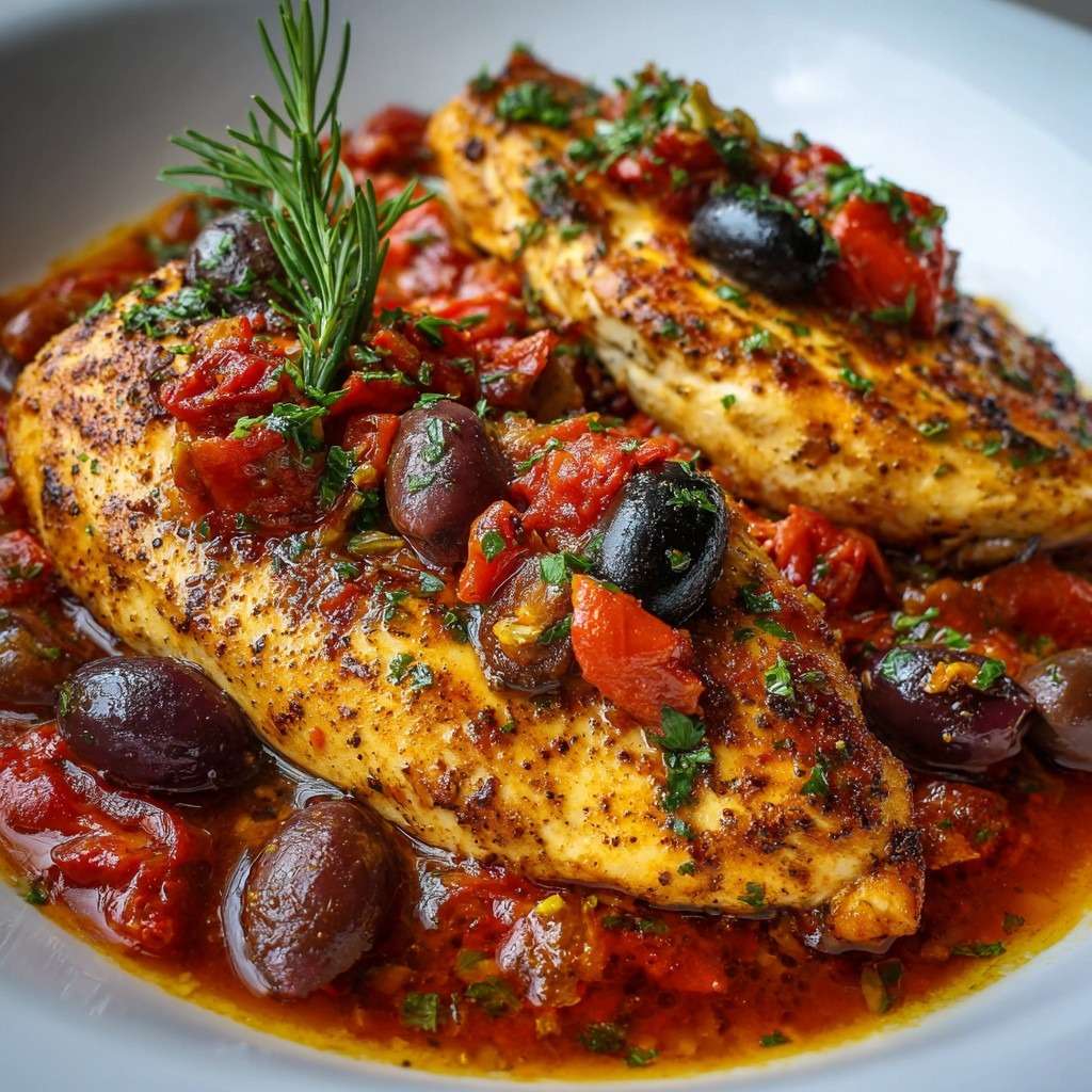 Golden pan-seared Provençal chicken breast simmered with chopped tomatoes, black olives, garlic and herbs de Provence in a rustic skillet