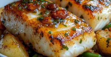 Pan-fried cod fillet with golden roasted baby potatoes, green beans and garlic parsley lemon sauce served on a plate